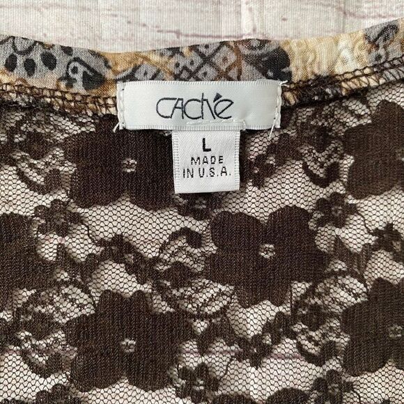 Cache women L cotton blend semi sheer w/back lace upper trim Longsleeve top - Picture 5 of 9